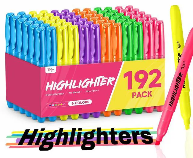 Main image of 192 Pack Highlighters, 6 Assorted Colors, Value Bulk Pack, Chisel Tip Markers with Smooth Quick-Drying Ink, Broad & Precise Lines for Notes, Suitable for School, Office, and Daily Use