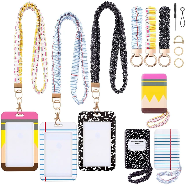 Main image of 3 Packs Teacher Scrunchie Lanyard with ID Holder Keychain Set Back to School Scrunchie Lanyard, Breakaway Teacher Lanyards, Wristlet Keychain Key Rings Set, Pencil and Composition Paper
