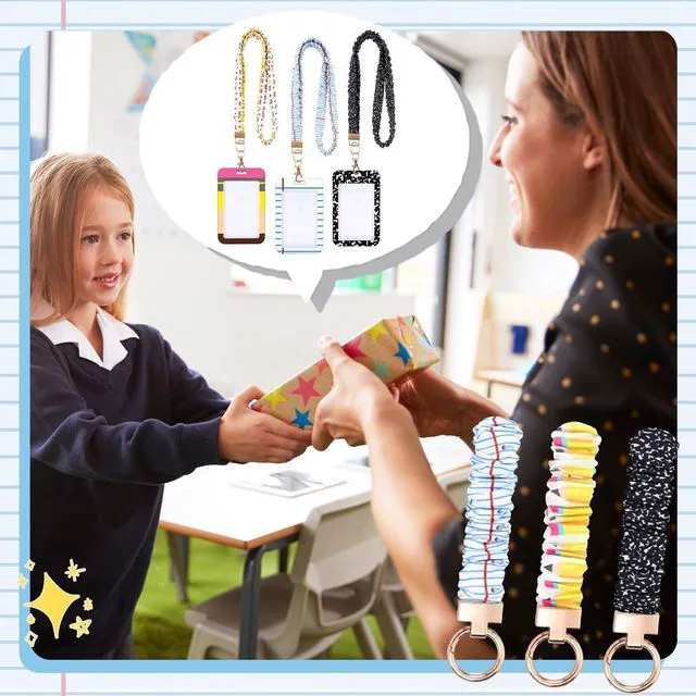 Alt view image 7 of 7 - 3 Packs Teacher Scrunchie Lanyard with ID Holder Keychain Set Back to School Scrunchie Lanyard, Breakaway Teacher Lanyards, Wristlet Keychain Key Rings Set, Pencil and Composition Paper