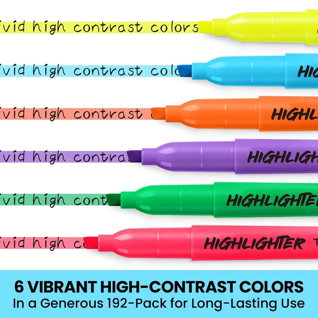 Alt view image 2 of 7 - 192 Pack Highlighters, 6 Assorted Colors, Value Bulk Pack, Chisel Tip Markers with Smooth Quick-Drying Ink, Broad & Precise Lines for Notes, Suitable for School, Office, and Daily Use