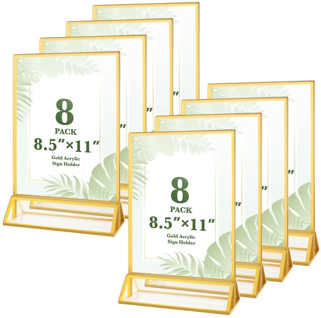 Main image of 8 Pack 8.5×11 Gold Acrylic Sign Holders, Menu Flyer Holder Double Sided Vertical Stand Clear Picture Frame Stands for Wedding Table Numbers, Restaurant Signs, Party and Office Photos