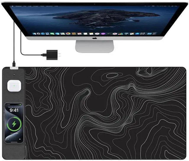 Main image of Mouse Pad with Wireless Charging, Large Desk Mat, Black Topographic Map #3 31.5"x15.75" Gaming Waterproof Desk Pad with Smooth Surface, Non-Slip Base, Includes 20W PD Adapter & 6.56ft Woven Cable