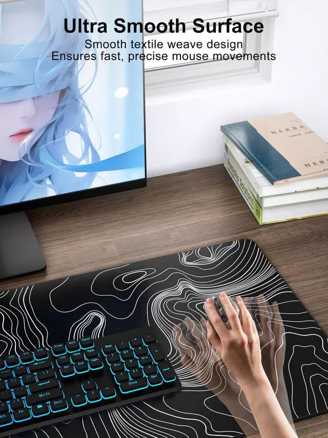 Alt view image 4 of 7 - Mouse Pad with Wireless Charging, Large Desk Mat, Black Topographic Map #3 31.5"x15.75" Gaming Waterproof Desk Pad with Smooth Surface, Non-Slip Base, Includes 20W PD Adapter & 6.56ft Woven Cable
