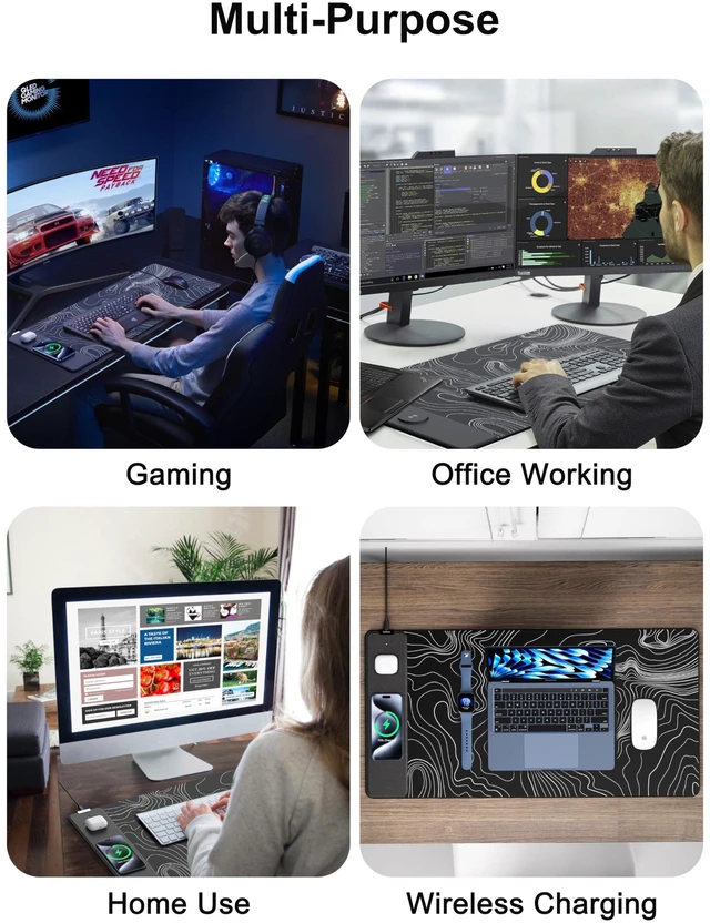 Alt view image 7 of 7 - Mouse Pad with Wireless Charging, Large Desk Mat, Black Topographic Map #3 31.5"x15.75" Gaming Waterproof Desk Pad with Smooth Surface, Non-Slip Base, Includes 20W PD Adapter & 6.56ft Woven Cable