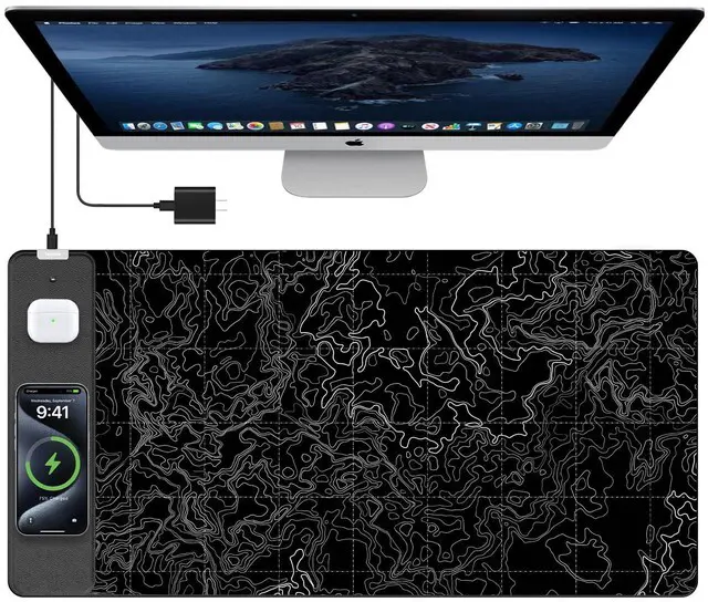 Main image of Mouse Pad with Wireless Charging, Large Desk Mat, Black Topographic Map #3 31.5"x15.75" Gaming Waterproof Desk Pad with Smooth Surface, Non-Slip Base, Includes 20W PD Adapter & 6.56ft Woven Cable