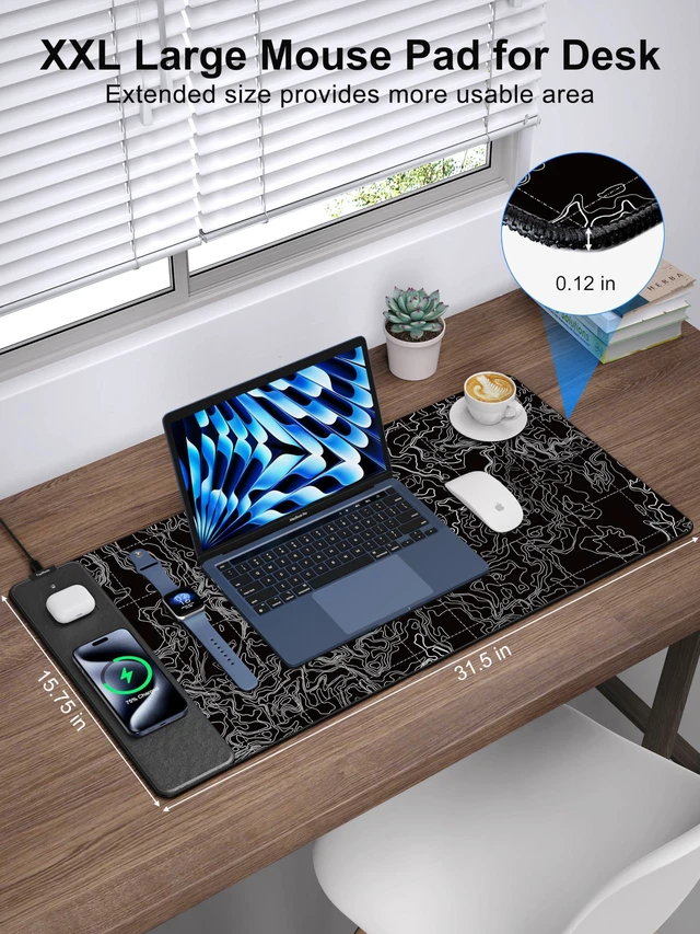 Alt view image 3 of 7 - Mouse Pad with Wireless Charging, Large Desk Mat, Black Topographic Map #3 31.5"x15.75" Gaming Waterproof Desk Pad with Smooth Surface, Non-Slip Base, Includes 20W PD Adapter & 6.56ft Woven Cable