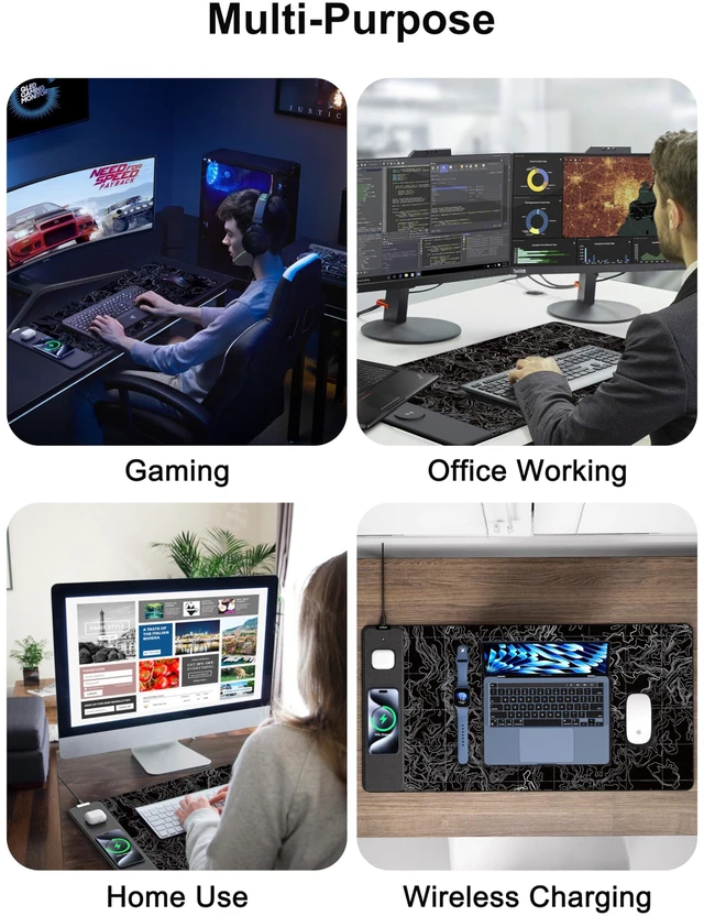Alt view image 7 of 7 - Mouse Pad with Wireless Charging, Large Desk Mat, Black Topographic Map #3 31.5"x15.75" Gaming Waterproof Desk Pad with Smooth Surface, Non-Slip Base, Includes 20W PD Adapter & 6.56ft Woven Cable