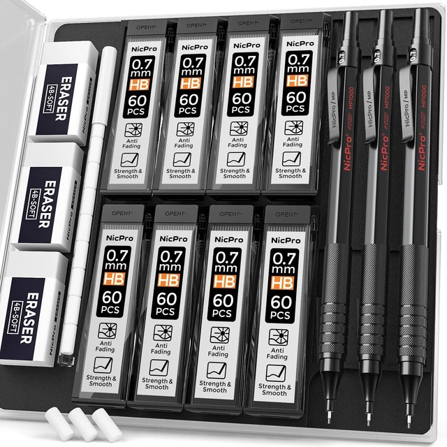 Main image of Mechanical Pencils 0.7mm in Case, 3 Pack Metal Pencils Set, Black 480PCS HB Lead Refills, 3 Erasers, 9 Eraser Refills, Anti-slip Grip, Art Sketching Pencil for Writing Drawing Drafting