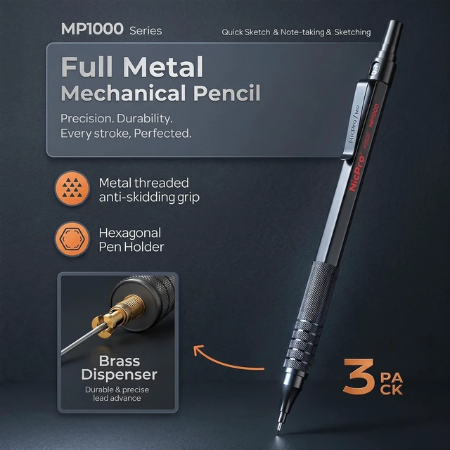 Alt view image 2 of 7 - Mechanical Pencils 0.7mm in Case, 3 Pack Metal Pencils Set, Black 480PCS HB Lead Refills, 3 Erasers, 9 Eraser Refills, Anti-slip Grip, Art Sketching Pencil for Writing Drawing Drafting