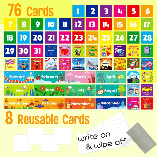 Alt view image 3 of 6 - Calendar Pocket Chart, Classroom Monthly Pocket Chart with 76 Cards (68 Illustrated Activity Cards, 8 Dry Erase Blank Cards) plus 3 Over Door Metal Hangers for Classroom Home Preschool (20" x 19")
