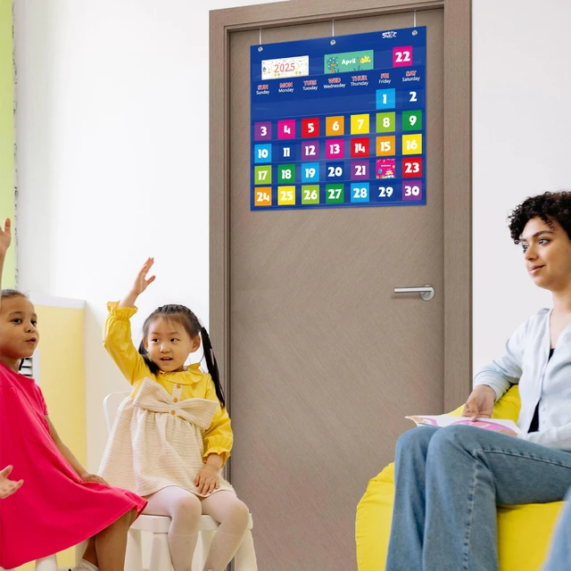 Alt view image 6 of 6 - Calendar Pocket Chart, Classroom Monthly Pocket Chart with 76 Cards (68 Illustrated Activity Cards, 8 Dry Erase Blank Cards) plus 3 Over Door Metal Hangers for Classroom Home Preschool (20" x 19")