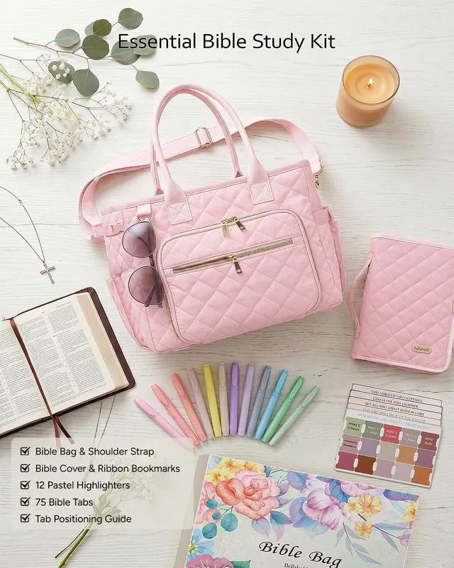 Alt view image 2 of 7 - Large Bible Bag with Bible Cover Case for Women, Quilted Bible Tote Bag Church Bag Bible Carrying Case with Study Supplies & Shoulder Strap, Christian Bible Gifts for Women Teacher Mom, Light Pink