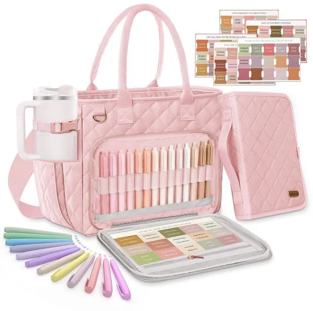 Main image of Large Bible Bag with Bible Cover Case for Women, Quilted Bible Tote Bag Church Bag Bible Carrying Case with Study Supplies & Shoulder Strap, Christian Bible Gifts for Women Teacher Mom, Light Pink