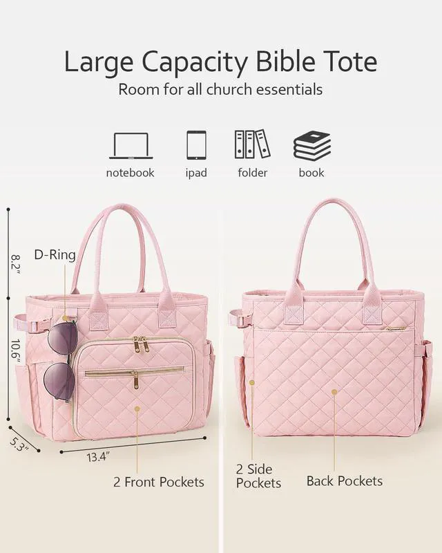 Alt view image 3 of 7 - Large Bible Bag with Bible Cover Case for Women, Quilted Bible Tote Bag Church Bag Bible Carrying Case with Study Supplies & Shoulder Strap, Christian Bible Gifts for Women Teacher Mom, Light Pink