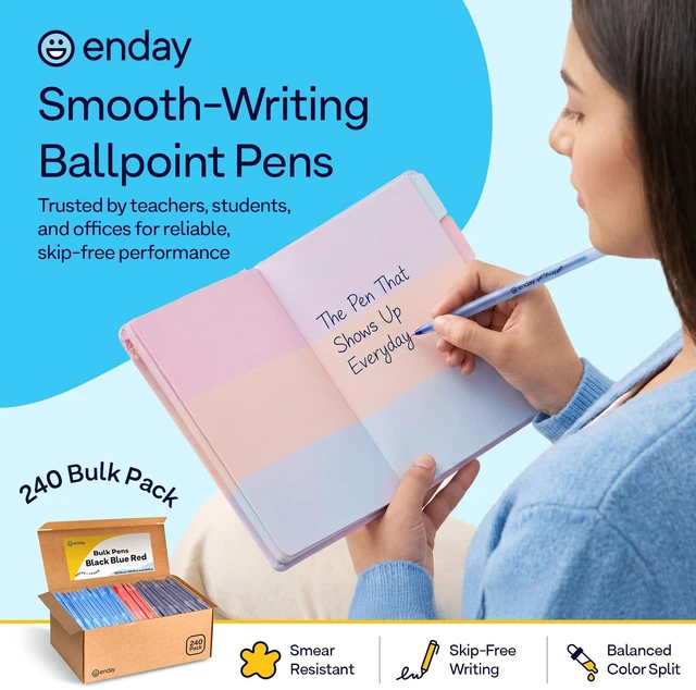 Alt view image 3 of 7 - Pens Ballpoint, Long Lasting Ink Pens Bulk 240 Pack (100 Black, 100 Blue & 40 Red), Smooth and Consistent Writing Pens, Medium Point (1.0mm) Flexible Round Barrel for Writing Comfort