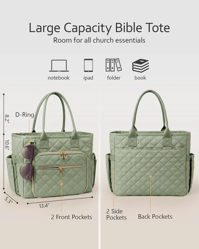 Alt view image 3 of 7 - Large Bible Bag with Bible Cover Case for Women, Quilted Bible Tote Bag Church Bag Bible Carrying Case with Study Supplies & Shoulder Strap, Christian Bible Gifts for Women Teacher Mom, Green