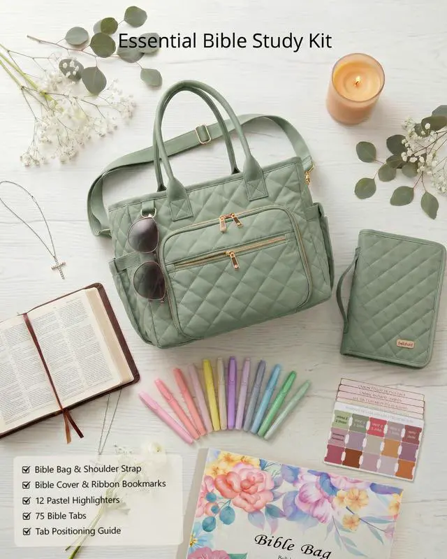 Alt view image 2 of 7 - Large Bible Bag with Bible Cover Case for Women, Quilted Bible Tote Bag Church Bag Bible Carrying Case with Study Supplies & Shoulder Strap, Christian Bible Gifts for Women Teacher Mom, Green