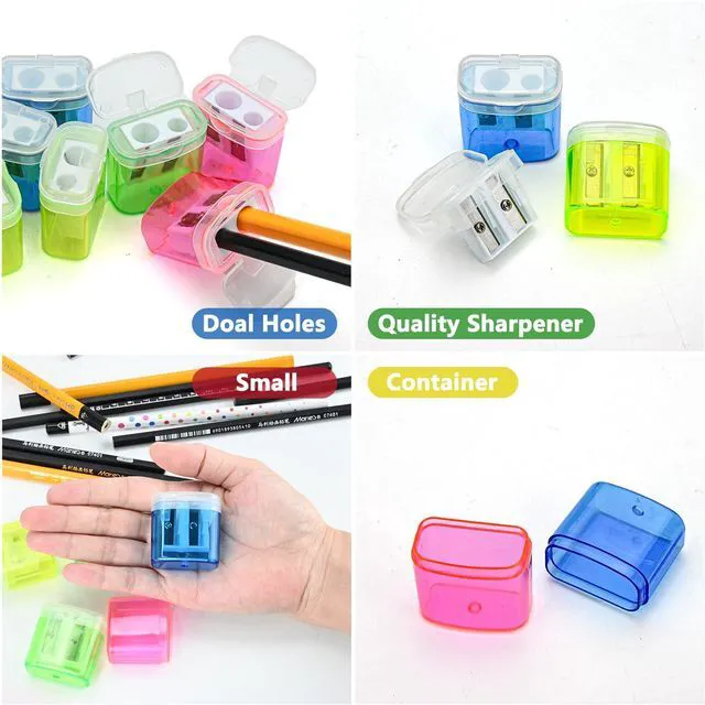 Alt view image 4 of 7 - 24Pcs Pencil Sharpener Manual, Assorted Color Small Dual Hole Pencil Sharpeners Bulk with Lid with Lid for School Office Home (Rectangle-24)