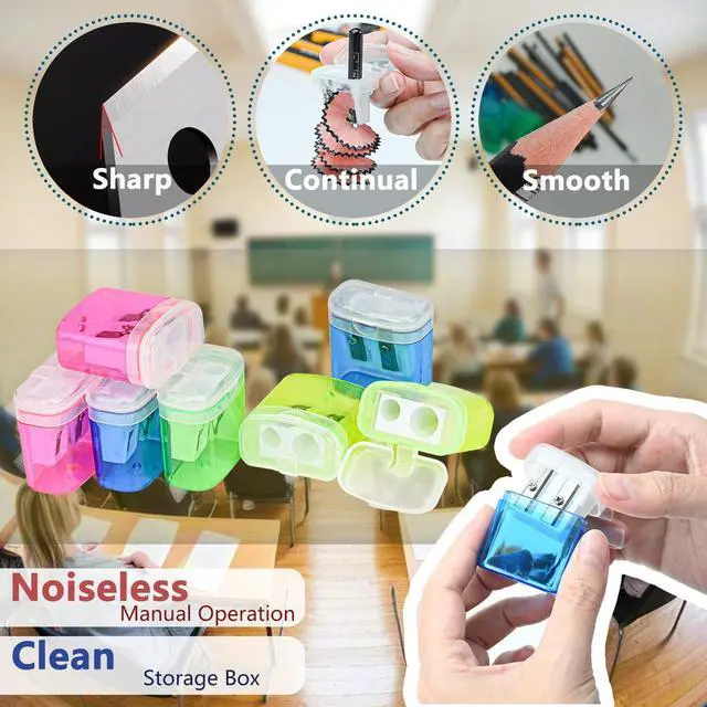 Alt view image 5 of 7 - 24Pcs Pencil Sharpener Manual, Assorted Color Small Dual Hole Pencil Sharpeners Bulk with Lid with Lid for School Office Home (Rectangle-24)