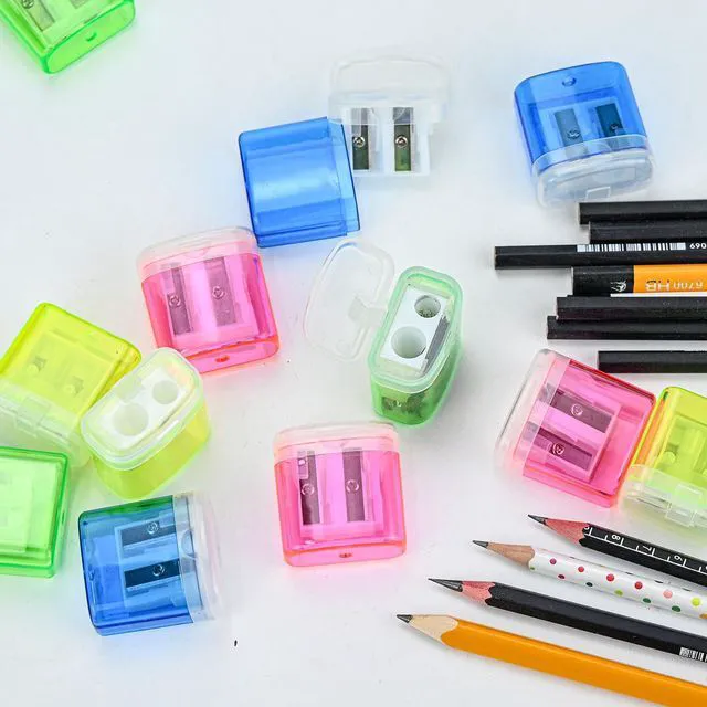 Alt view image 6 of 7 - 24Pcs Pencil Sharpener Manual, Assorted Color Small Dual Hole Pencil Sharpeners Bulk with Lid with Lid for School Office Home (Rectangle-24)