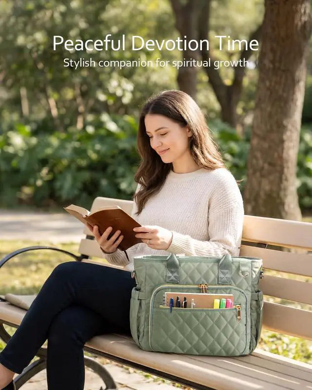 Alt view image 6 of 7 - Large Bible Bag with Bible Cover Case for Women, Quilted Bible Tote Bag Church Bag Bible Carrying Case with Study Supplies & Shoulder Strap, Christian Bible Gifts for Women Teacher Mom, Green
