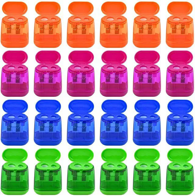 Main image of 24Pcs Pencil Sharpener Manual, Assorted Color Small Dual Hole Pencil Sharpeners Bulk with Lid for School Office Home (Geometry-24)