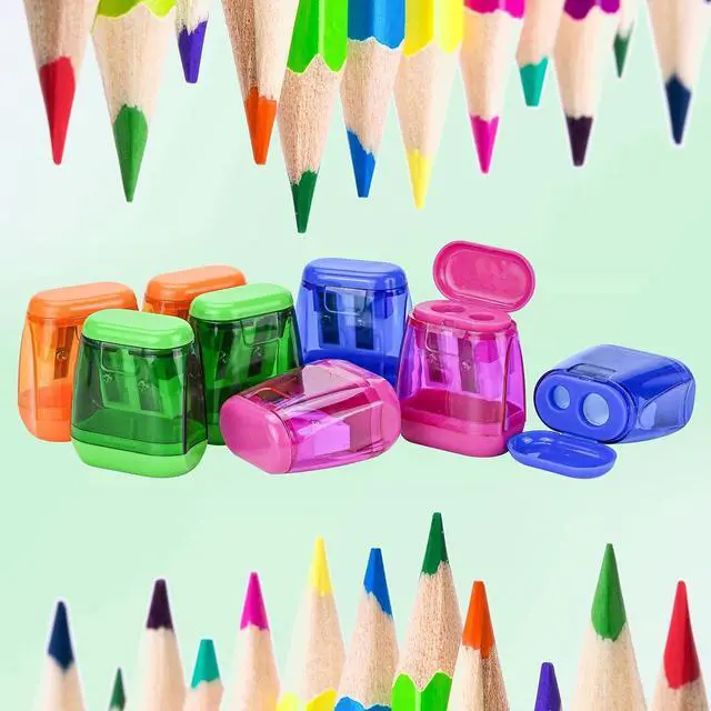 Alt view image 4 of 7 - 24Pcs Pencil Sharpener Manual, Assorted Color Small Dual Hole Pencil Sharpeners Bulk with Lid for School Office Home (Geometry-24)