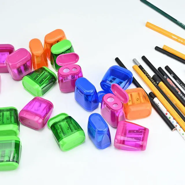 Alt view image 7 of 7 - 24Pcs Pencil Sharpener Manual, Assorted Color Small Dual Hole Pencil Sharpeners Bulk with Lid for School Office Home (Geometry-24)