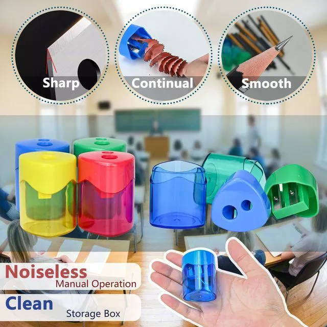 Alt view image 4 of 7 - 24Pcs Pencil Sharpener Manual, Assorted Color Small Dual Hole Pencil Sharpeners Bulk with Lid for School Office Home (Triangle-24)
