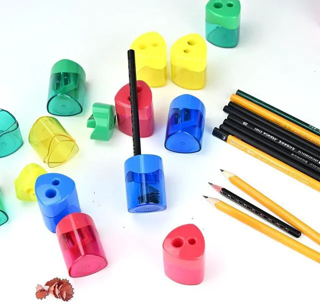 Alt view image 6 of 7 - 24Pcs Pencil Sharpener Manual, Assorted Color Small Dual Hole Pencil Sharpeners Bulk with Lid for School Office Home (Triangle-24)