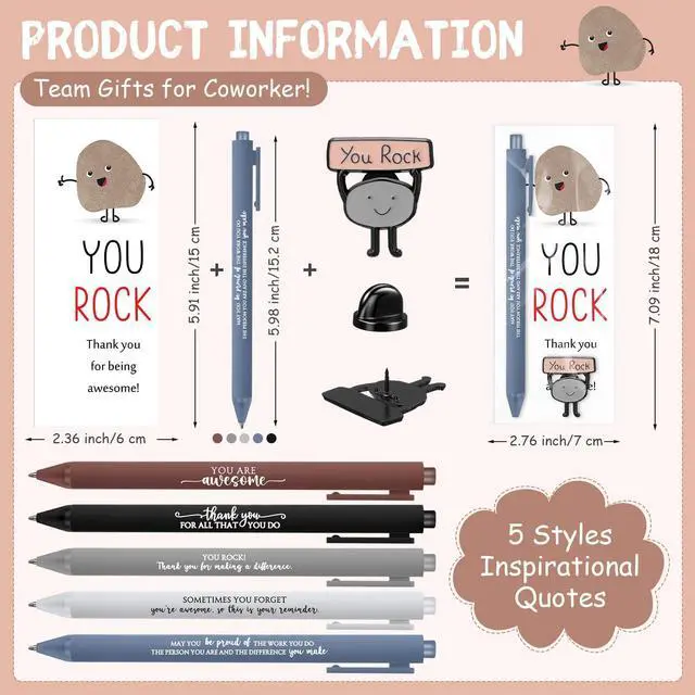Alt view image 3 of 7 - 100 Sets You Rock Motivational Employee Appreciation Funny Gifts Bulk Ballpoint Pens Inspirational Cards Brooch Pin Opp Bags Inspirational Funny Pens for Coworkers Team Staff Voluntee