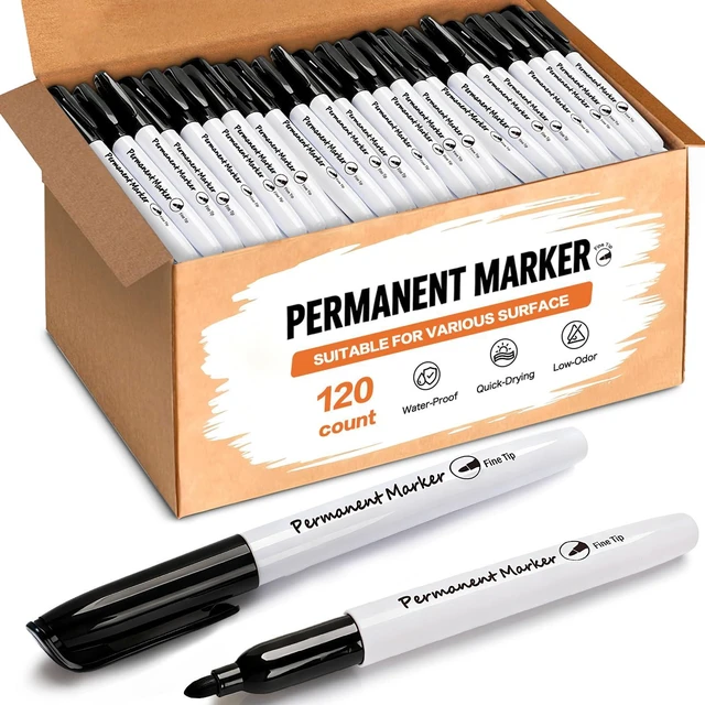 Main image of Permanent Markers Bulk, 120 Pack Black Fine Point Markers, Quick Dry Waterproof Markers for Plastic, Glass, Wood & Metal, Back to School Supplies, Office, Home & Warehouse
