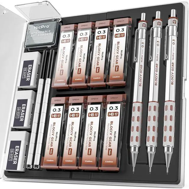 Main image of 3 Pack Blocky Gear 0.3 mm Metal Mechanical Pencils Set with Case Lead Drafting Pencil with 8 Tube (480PCS) Lead Refills, 4 Erasers, 18 Eraser Refills for Art Writing, Sketching Drawing