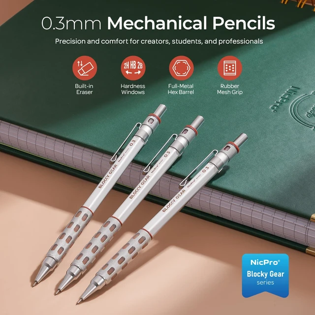 Alt view image 2 of 7 - 3 Pack Blocky Gear 0.3 mm Metal Mechanical Pencils Set with Case Lead Drafting Pencil with 8 Tube (480PCS) Lead Refills, 4 Erasers, 18 Eraser Refills for Art Writing, Sketching Drawing