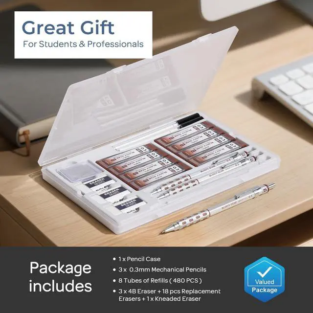 Alt view image 6 of 7 - 3 Pack Blocky Gear 0.3 mm Metal Mechanical Pencils Set with Case Lead Drafting Pencil with 8 Tube (480PCS) Lead Refills, 4 Erasers, 18 Eraser Refills for Art Writing, Sketching Drawing