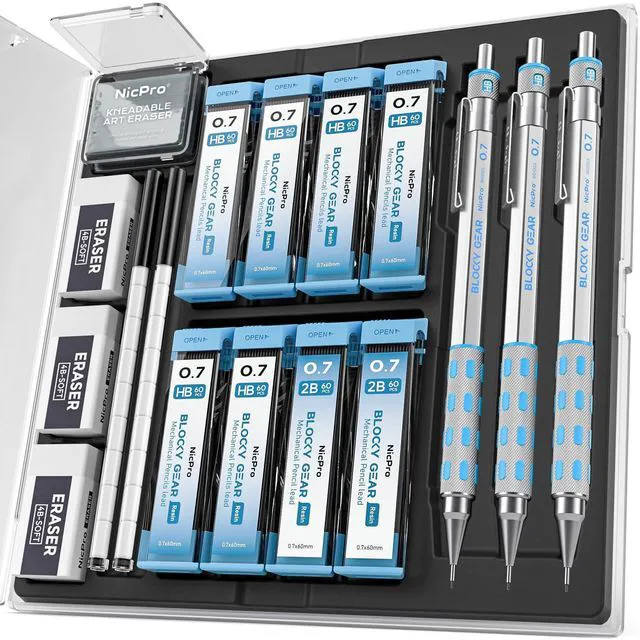 Main image of Blocky Gear Mechanical Pencils 0.7 mm with Case, 3 Pack Drafting Pencil with 8 Tube (480PCS) Lead Refills(HB 2B), 4 Erasers, 18 Eraser Refills for Art Writing, Sketching Drawing