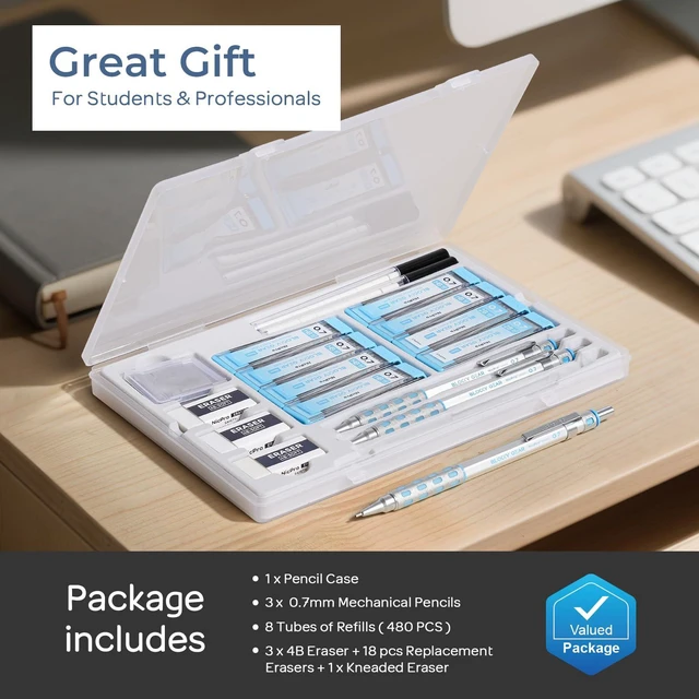 Alt view image 6 of 7 - Blocky Gear Mechanical Pencils 0.7 mm with Case, 3 Pack Drafting Pencil with 8 Tube (480PCS) Lead Refills(HB 2B), 4 Erasers, 18 Eraser Refills for Art Writing, Sketching Drawing