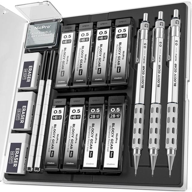 Main image of 3 Pack Blocky Gear 0.5 mm Metal Mechanical Pencils Set with Case Lead Drafting Pencil with 480PCS Lead Refills(HB 2B), 4 Erasers, 18 Eraser Refills for Art Writing, Sketching Drawing