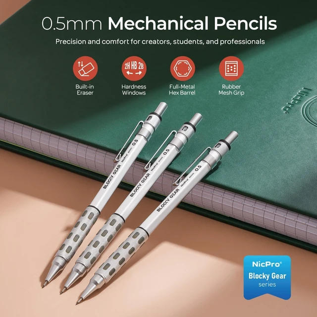 Alt view image 2 of 7 - 3 Pack Blocky Gear 0.5 mm Metal Mechanical Pencils Set with Case Lead Drafting Pencil with 480PCS Lead Refills(HB 2B), 4 Erasers, 18 Eraser Refills for Art Writing, Sketching Drawing