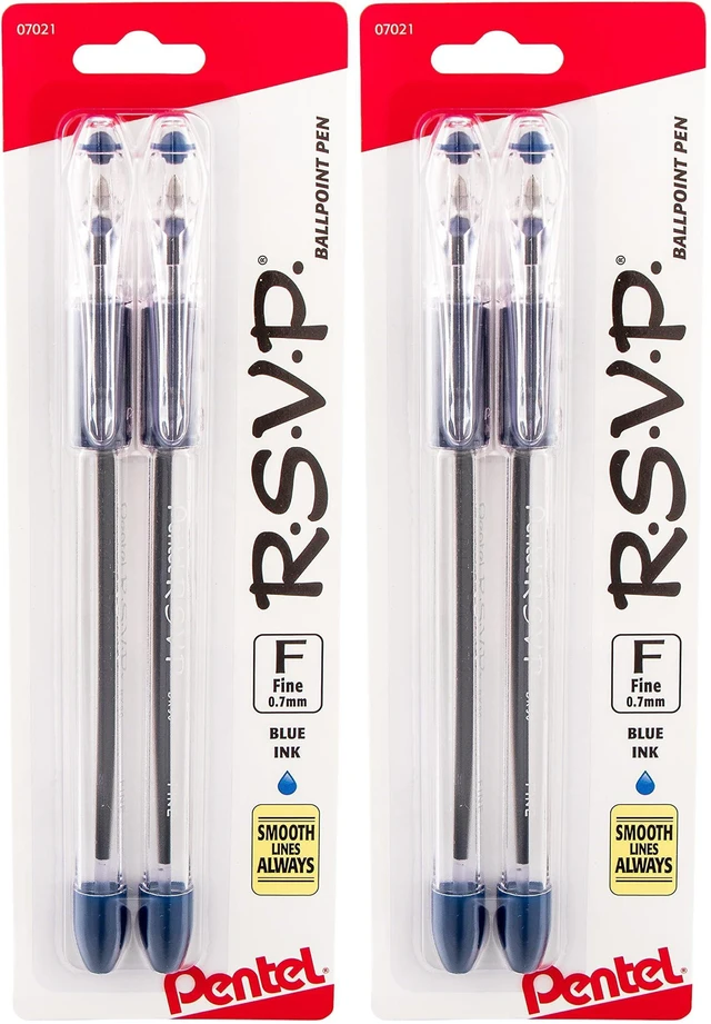 Main image of R.S.V.P. Ballpoint Pen, Fine Line, Blue Ink, 4 Pack (BK90BP2C)