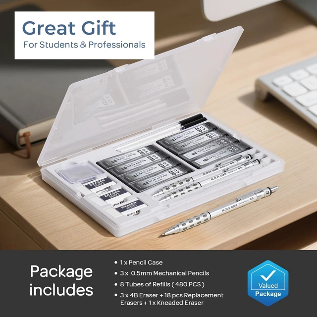Alt view image 6 of 7 - 3 Pack Blocky Gear 0.5 mm Metal Mechanical Pencils Set with Case Lead Drafting Pencil with 480PCS Lead Refills(HB 2B), 4 Erasers, 18 Eraser Refills for Art Writing, Sketching Drawing
