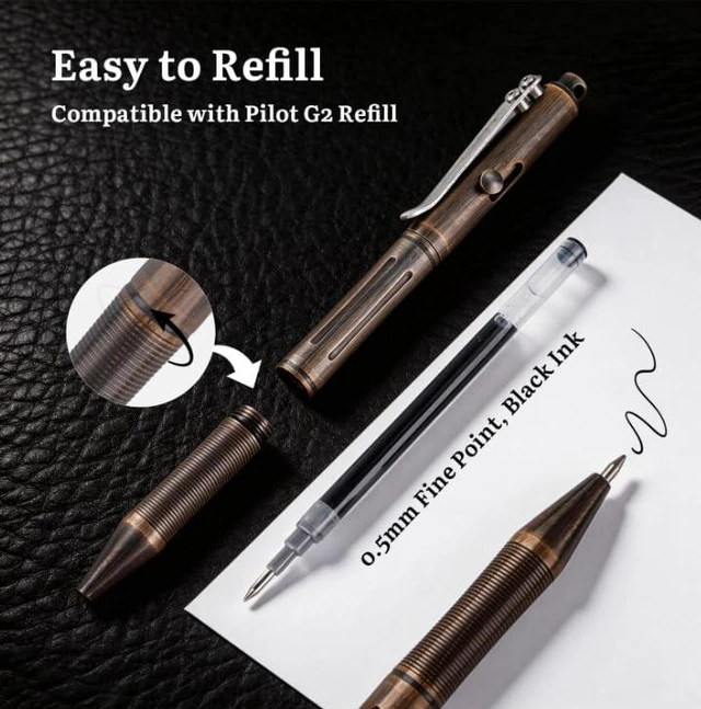 Alt view image 5 of 7 - Solid Brass Bolt Action Pen,with Refillable Design,Retro Black Weighted Metal Body Supports Steady Writing, Compatible with Pilot G2 Refill for Office Notes, Signatures, and Daily Carry