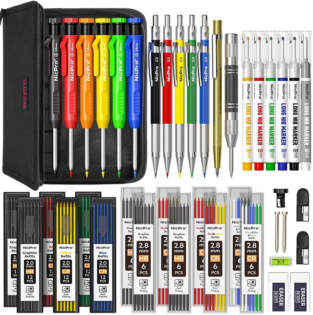 Main image of 42Pack Carpenter Pencil with Sharpener, Mechanical Carpenter Pencils Set with Deep Hole Long Nib Marker Pen, Carbide Scribe Tool & Construction Pencil for Architect Woodworking-With Canvas Case