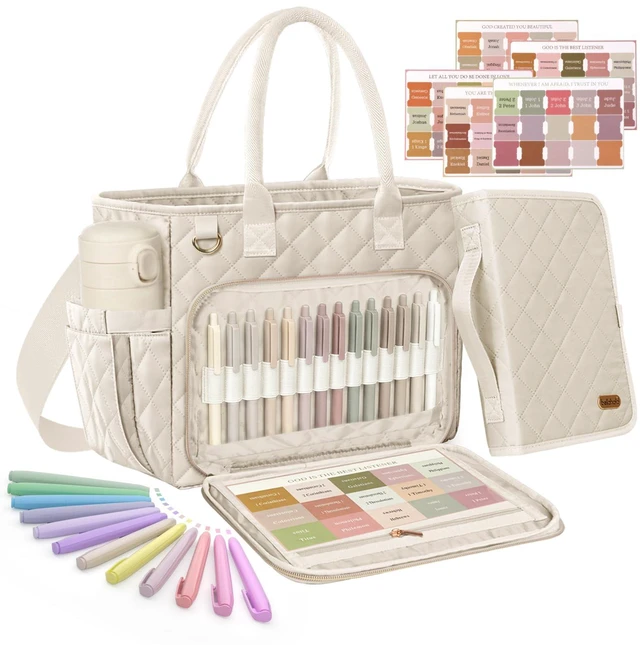 Main image of Large Bible Bag with Bible Cover Case for Women, Quilted Bible Tote Bag Church Bag Bible Carrying Case with Study Supplies & Shoulder Strap, Christian Bible Gifts for Women Teacher Mom, Beige