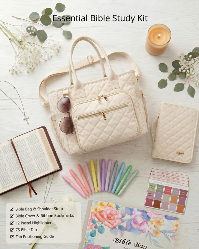 Alt view image 2 of 7 - Large Bible Bag with Bible Cover Case for Women, Quilted Bible Tote Bag Church Bag Bible Carrying Case with Study Supplies & Shoulder Strap, Christian Bible Gifts for Women Teacher Mom, Beige