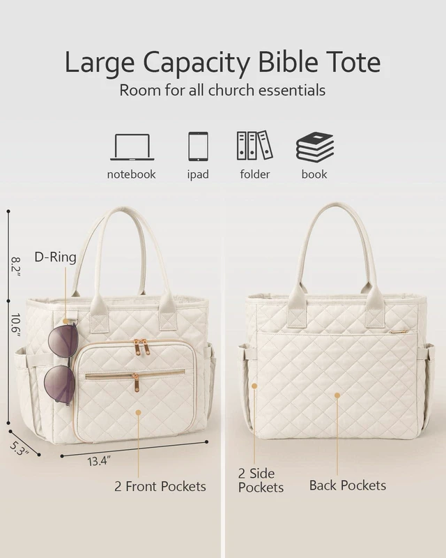 Alt view image 3 of 7 - Large Bible Bag with Bible Cover Case for Women, Quilted Bible Tote Bag Church Bag Bible Carrying Case with Study Supplies & Shoulder Strap, Christian Bible Gifts for Women Teacher Mom, Beige
