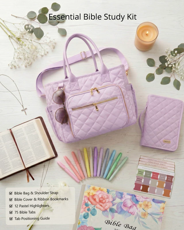 Alt view image 2 of 7 - Large Bible Bag with Bible Cover Case for Women, Quilted Bible Tote Bag Church Bag Bible Carrying Case with Study Supplies & Shoulder Strap, Christian Bible Gifts for Women Teacher Mom, Purple