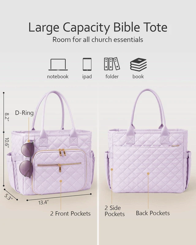 Alt view image 3 of 7 - Large Bible Bag with Bible Cover Case for Women, Quilted Bible Tote Bag Church Bag Bible Carrying Case with Study Supplies & Shoulder Strap, Christian Bible Gifts for Women Teacher Mom, Purple