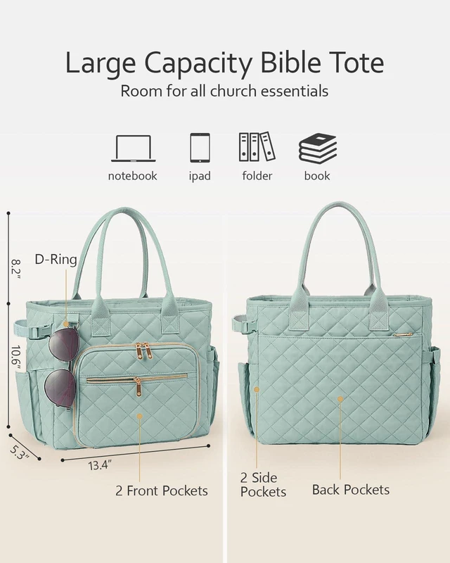 Alt view image 3 of 7 - Large Bible Bag with Bible Cover Case for Women, Quilted Bible Tote Bag Church Bag Bible Carrying Case with Study Supplies & Shoulder Strap, Christian Bible Gifts for Women Teacher Mom, Sage Green