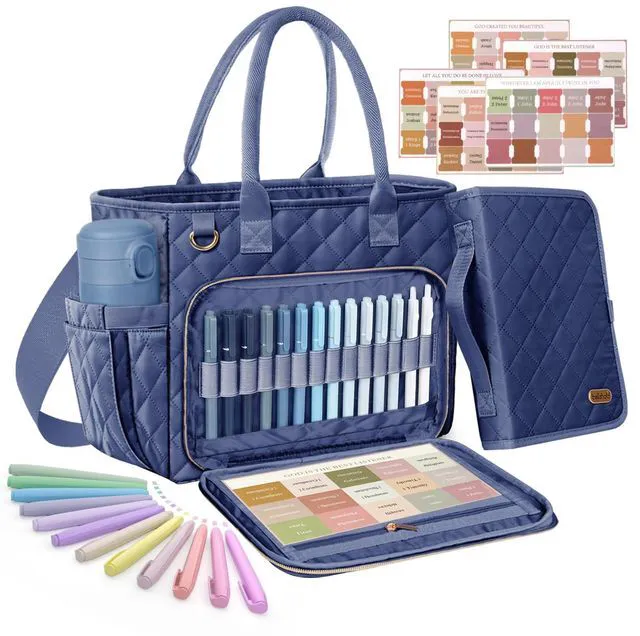 Main image of Large Bible Bag with Bible Cover Case for Women, Quilted Bible Tote Bag Church Bag Bible Carrying Case with Study Supplies & Shoulder Strap, Christian Bible Gifts for Women Teacher Mom, Navy
